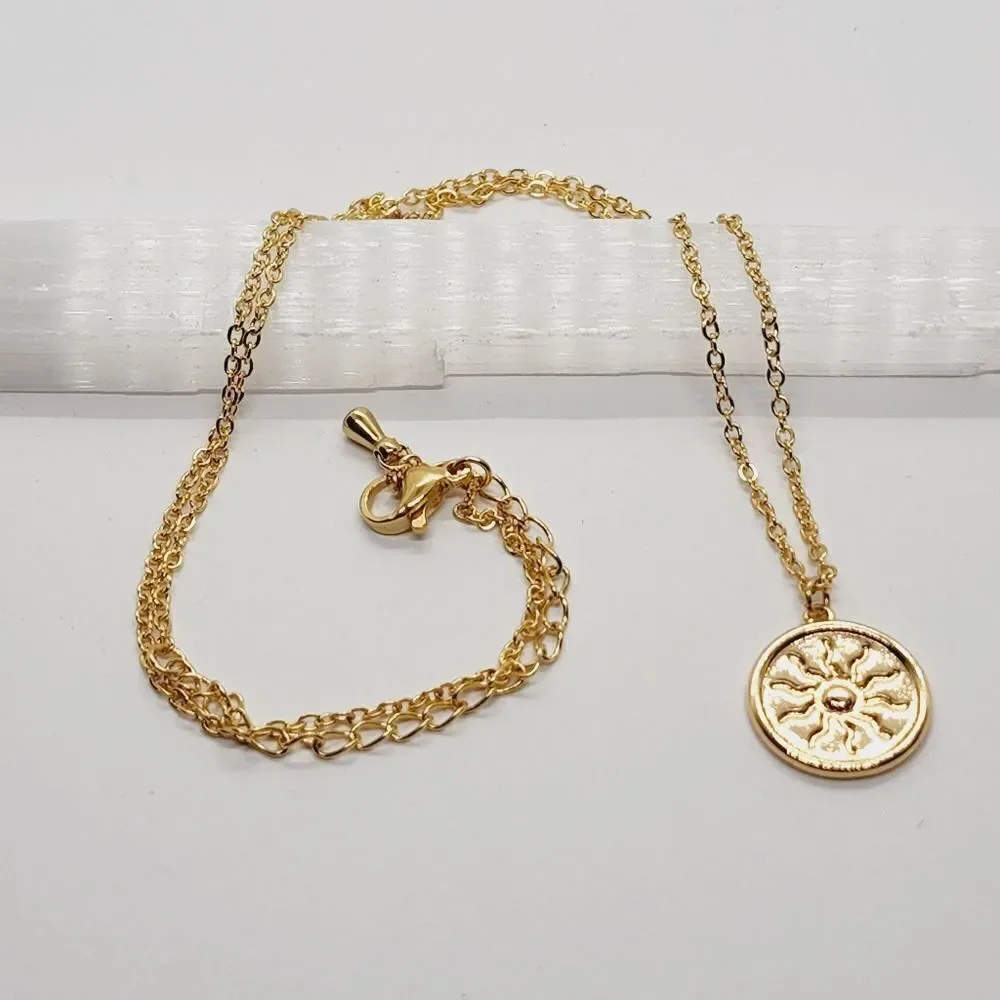 Minimalist Hippie Boho Yoga Yogi Sun Gold Toned Necklace 18
